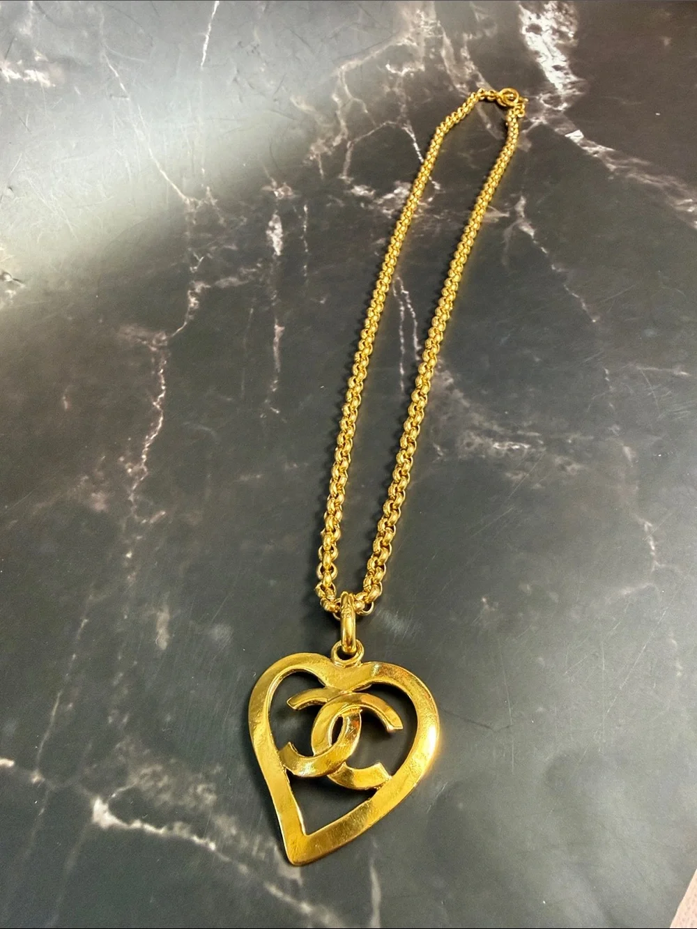 CHANEL Gold Heart Pendant Necklace with Interlocking CC